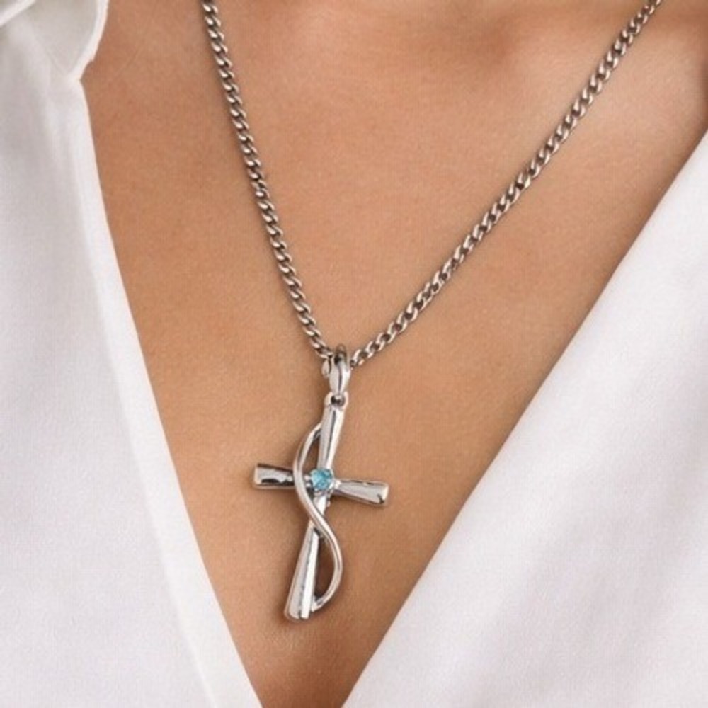 Necklace Chain‎ 925 30 Inch And Cross Siver Tone Blue Stone Religious